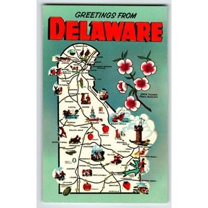 Postcard Greetings From Delaware Map Chrome Unposted Peach Blossom Beach Towns